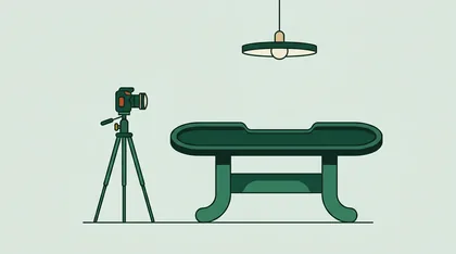 Empty dealer table with a hanging light and a studio camera beside it