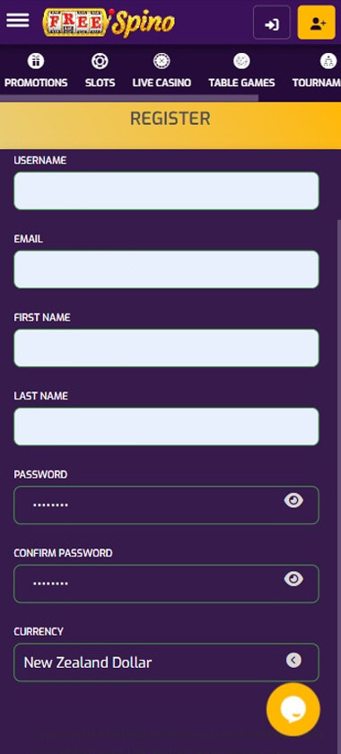 FreeSpino Casino Registration Process Image 1